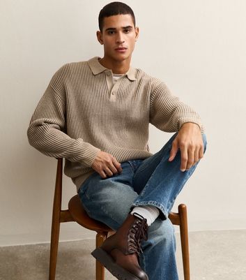 Brown Relaxed Ribbed Fisherman Polo Jumper