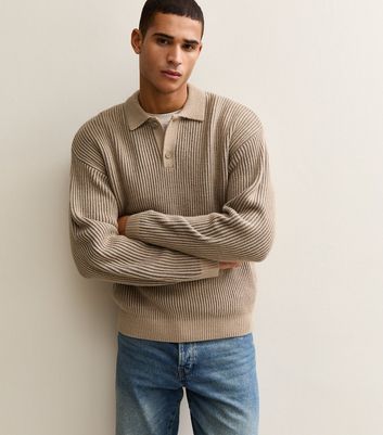 Brown Relaxed Ribbed Fisherman Polo Jumper