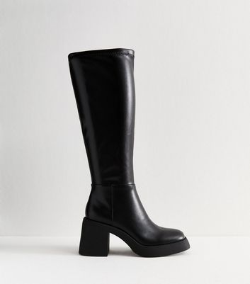 Black Faux Leather Block Heel Knee High Boots