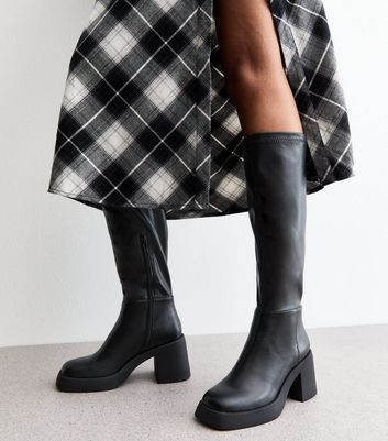 Black Faux Leather Block Heel Knee High Boots