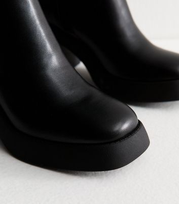 Black Faux Leather Block Heel Knee High Boots