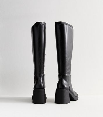 Black Faux Leather Block Heel Knee High Boots