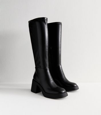 Black Faux Leather Block Heel Knee High Boots