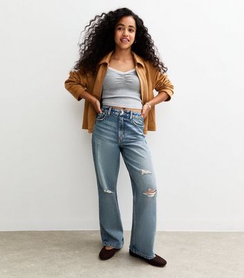 Girls Blue Ripped Wide Leg Jeans