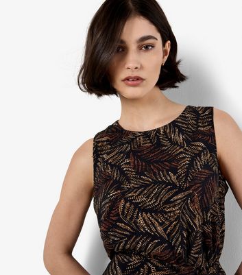 Apricot Black Leaf Print Sleeveless Top
