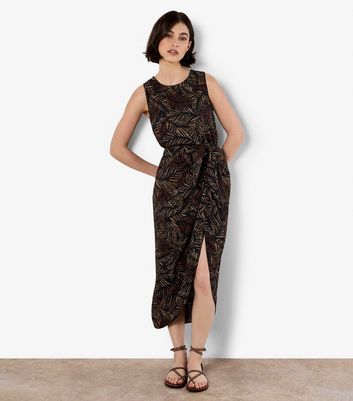 Apricot Black Leaf Print Sleeveless Top