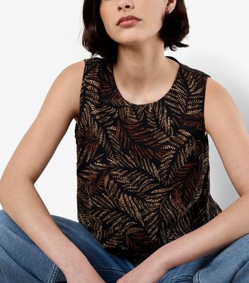 Apricot Black Leaf Print Sleeveless Top 4 Apricot Black Leaf Print Sleeveless Top