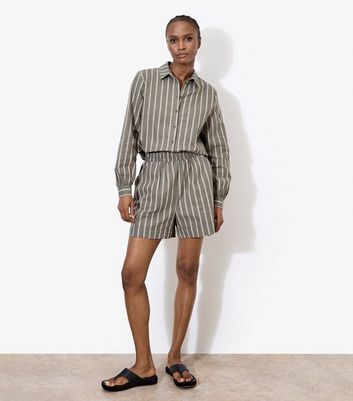 Apricot Khaki Striped Linen Blend Shorts