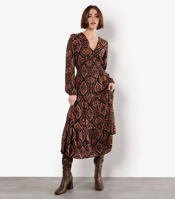 Apricot Black Empire Line Smocked Printed Dress