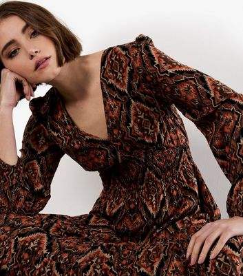 Apricot Black Empire Line Smocked Printed Dress