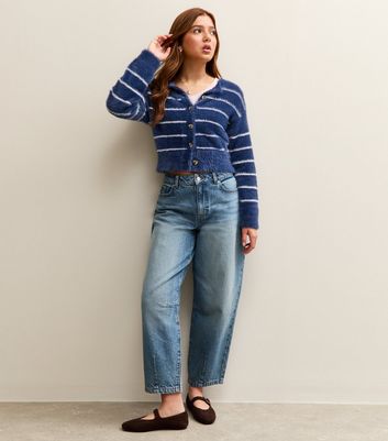 Girls Blue Fluffy Striped Cardigan 3 Girls Blue Fluffy Striped Cardigan