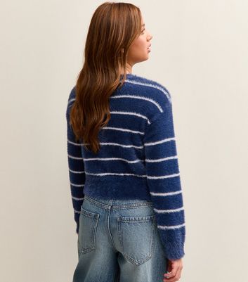 Girls Blue Fluffy Striped Cardigan 4 Girls Blue Fluffy Striped Cardigan