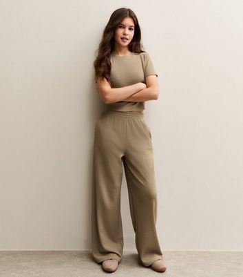 Girls Camel Waffle Wide Leg Trousers