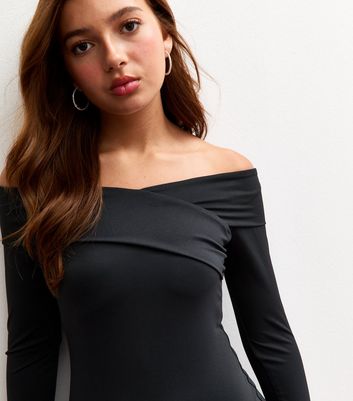 Girls Black Bardot Neckline Rara Mini Dress