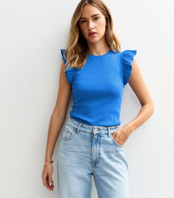 Bright Blue Ribbed Frill Sleeve Vest