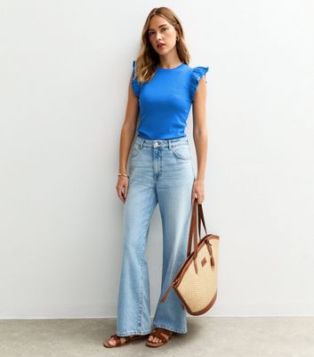 Bright Blue Ribbed Frill Sleeve Vest 3 Bright Blue Ribbed Frill Sleeve Vest