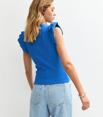 Bright Blue Ribbed Frill Sleeve Vest 4 Bright Blue Ribbed Frill Sleeve Vest