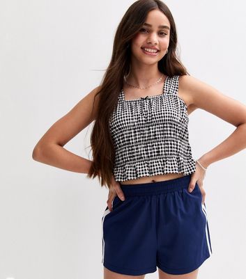 Girls Black Gingham Check Shirred Top