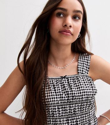 Girls Black Gingham Check Shirred Top