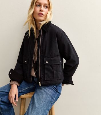 Black Contrast Collar Cropped Barn Jacket