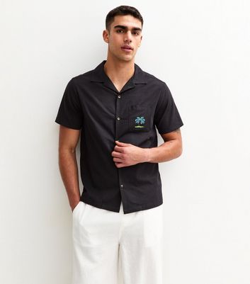 Black Regular Palm Tree Embroidered Revere Collar Shirt