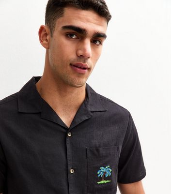 Black Regular Palm Tree Embroidered Revere Collar Shirt