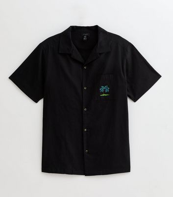 Black Regular Palm Tree Embroidered Revere Collar Shirt 5 Black Regular Palm Tree Embroidered Revere Collar Shirt