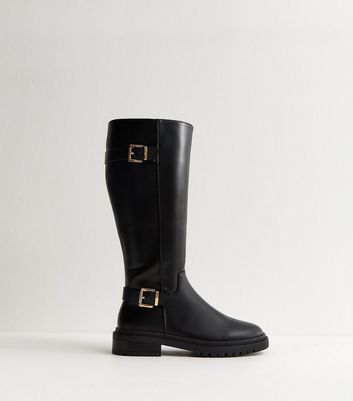 Black Buckle Faux Leather Chunky Knee High Boots