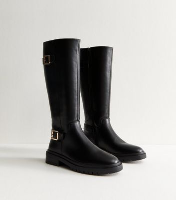 Black Buckle Faux Leather Chunky Knee High Boots