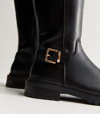 Black Buckle Faux Leather Chunky Knee High Boots 3 Black Buckle Faux Leather Chunky Knee High Boots