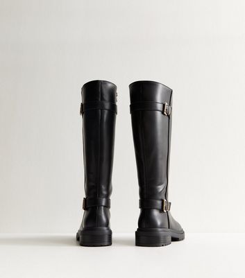 Black Buckle Faux Leather Chunky Knee High Boots 4 Black Buckle Faux Leather Chunky Knee High Boots