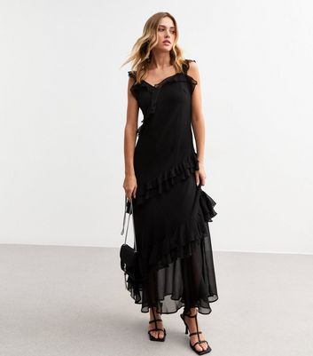 Black Asymmetric Ruffle Trim Midi Dress