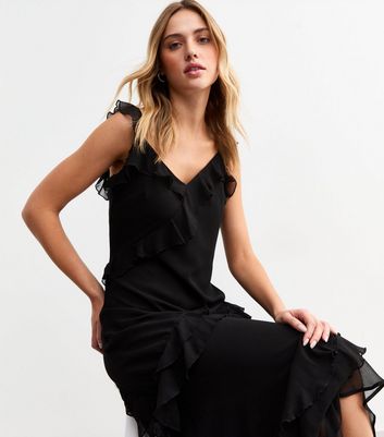 Black Asymmetric Ruffle Trim Midi Dress