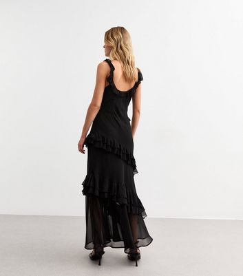 Black Asymmetric Ruffle Trim Midi Dress