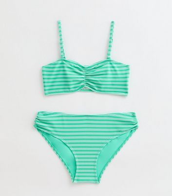 Girls Green Textured Striped Ruched Bikini Set