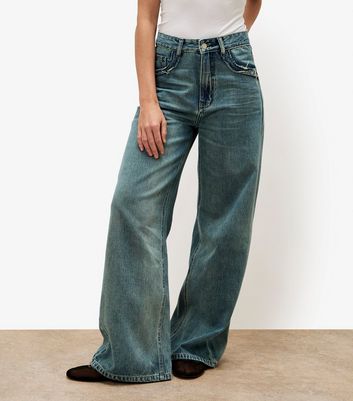 Apricot Blue Distressed Wide Leg Boyfriend Jeans