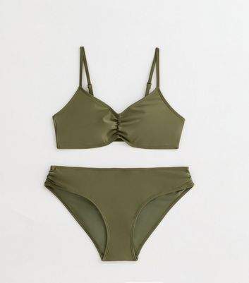 Girls Dark Khaki Ruched Bikini Set