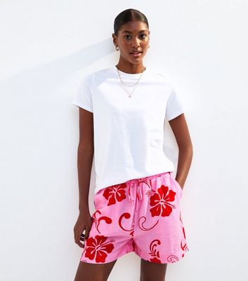 Pink Hibiscus Print Crinkle Texture Shorts