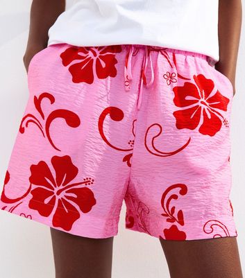 Pink Hibiscus Print Crinkle Texture Shorts