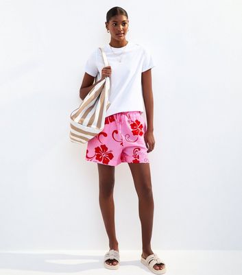 Pink Hibiscus Print Crinkle Texture Shorts 3 Pink Hibiscus Print Crinkle Texture Shorts