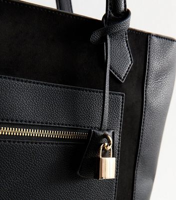 Black Faux Leather and Suede Lock Charm Tote Bag 3 Black Faux Leather and Suede Lock Charm Tote Bag