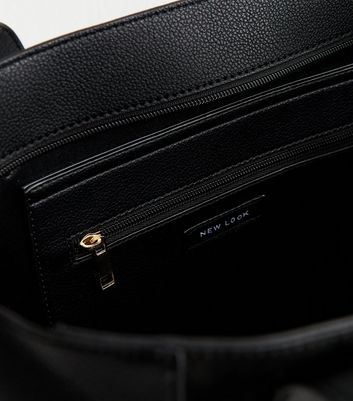 Black Faux Leather and Suede Lock Charm Tote Bag 5 Black Faux Leather and Suede Lock Charm Tote Bag