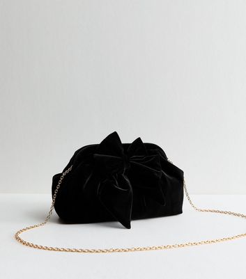 Black Bow Applique Velvet Slouch Clutch Bag