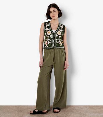 Apricot Khaki Drawstring Waist Wide Leg Trousers