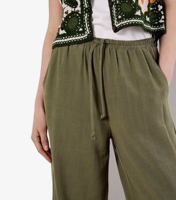 Apricot Khaki Drawstring Waist Wide Leg Trousers