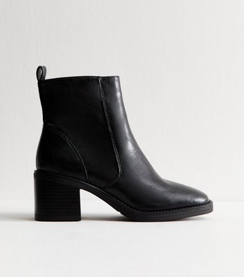 Black Faux Leather Block Heel Ankle Boots