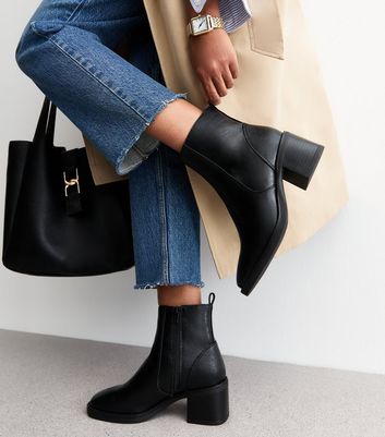 Black Faux Leather Block Heel Ankle Boots