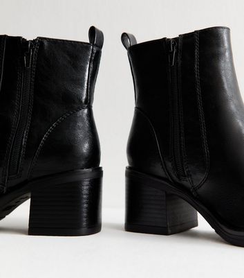 Black Faux Leather Block Heel Ankle Boots