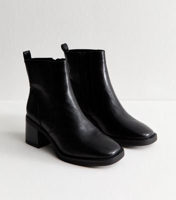 Black Faux Leather Block Heel Ankle Boots