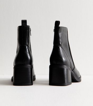Black Faux Leather Block Heel Ankle Boots